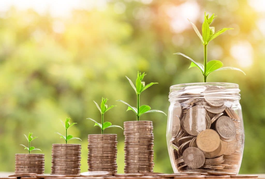 Monedas con plantas creciendo, símbolo de ahorro